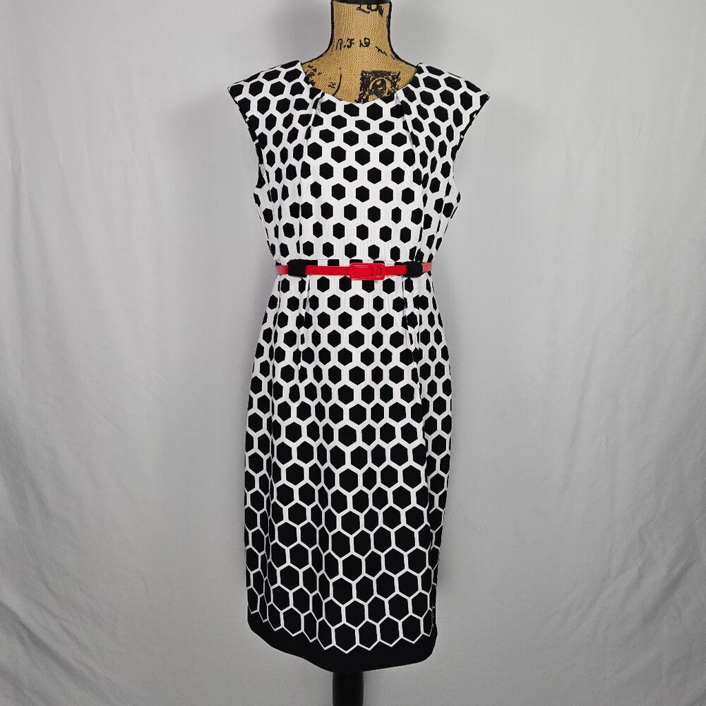 Connected Apparel Black White Honeycomb Sheath Dress Red Belt Geometric‎ 14